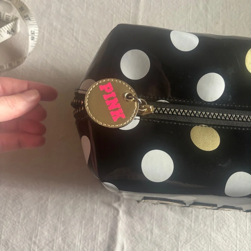 PINK Victoria's Secret Black Polka Dot Cosmetic Pouch with Gold Trim makeup